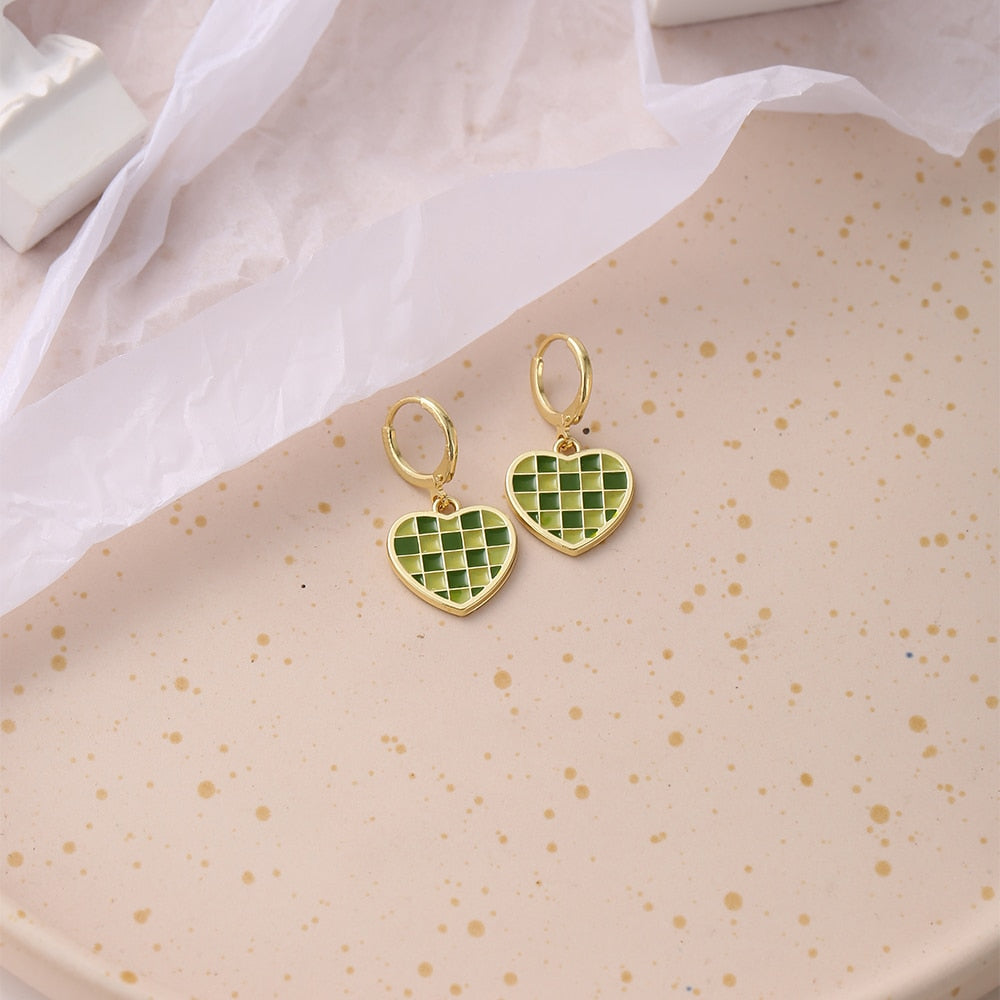 Green Plaid Heart Dangle Earrings Fashion Party Girls Pendant Earrings Women