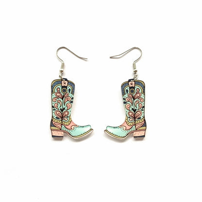 Chic Cowgirl Boots Flower Pattern Drop Charm Earrings For Women Girl Fashion