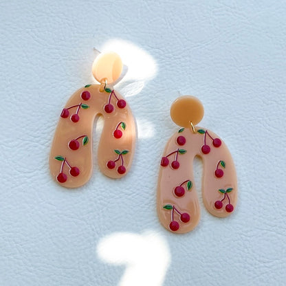 Cherries Pattern Hand Painted Resin Drop Earrings Women Girl Party Gift Fashion