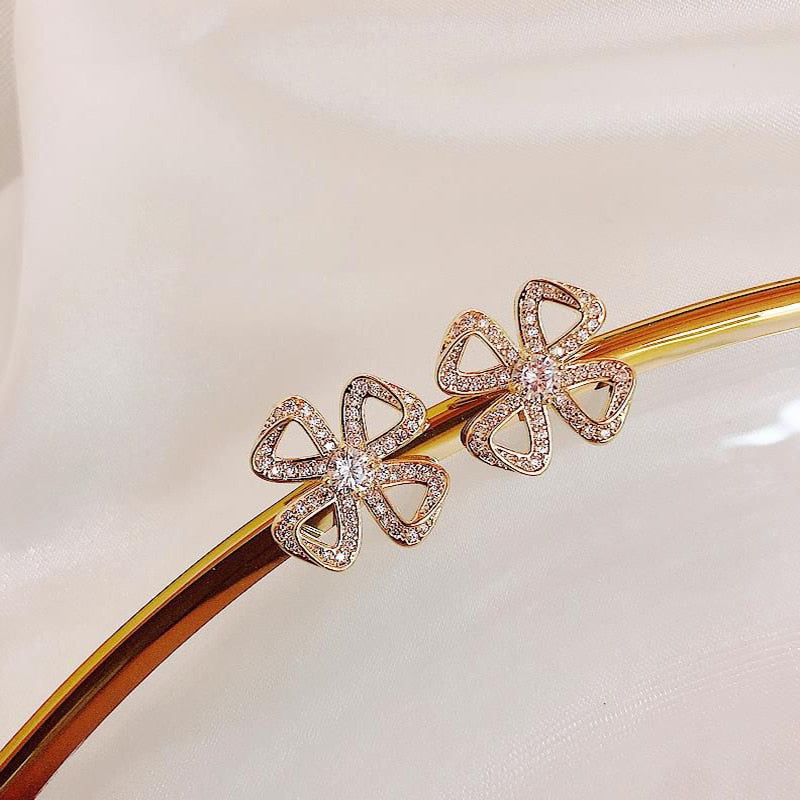 Four-Leaf Clover Earring Flower Earrings for Girl Metal Inlaid Zircon