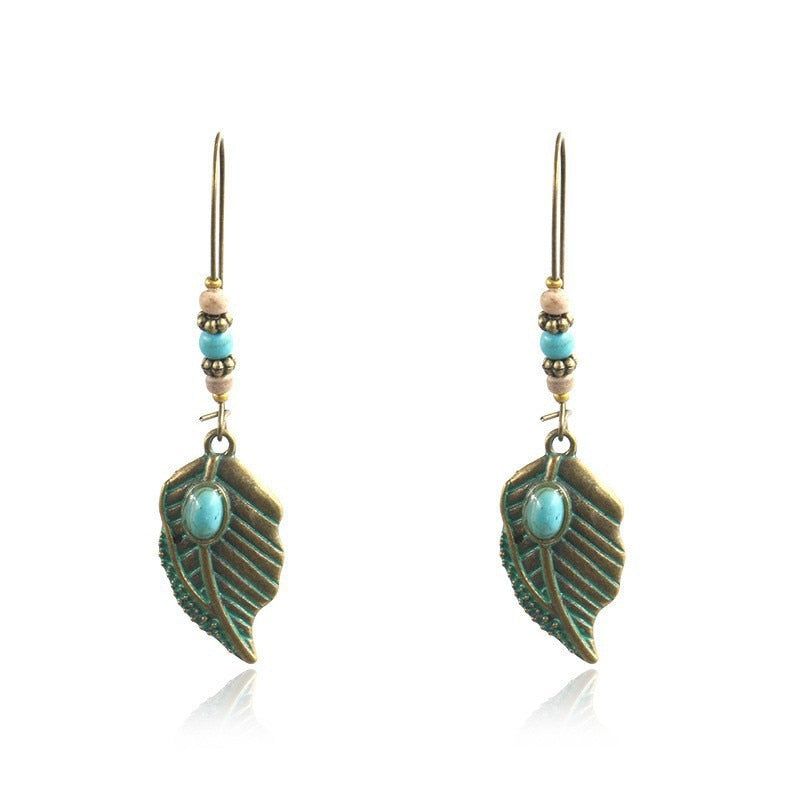 Turquoise Bead Detail Feather Drop Charm Earrings For Women Girl Fashion Modern