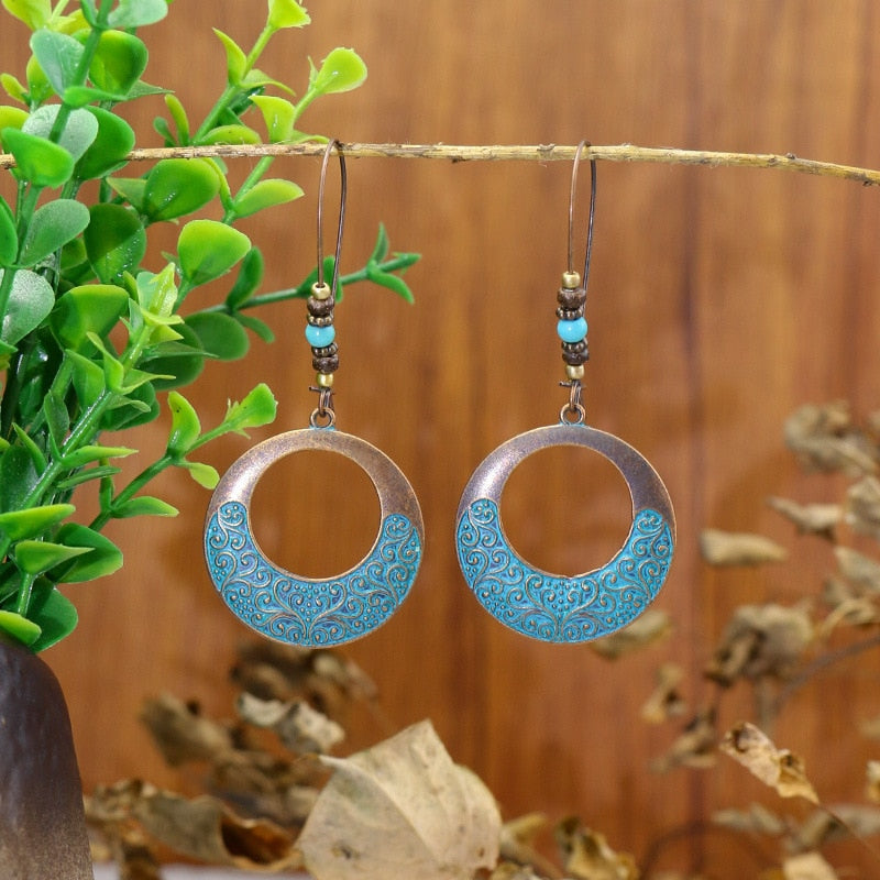 Turquoise Detail Round Drop Charm Earrings For Women Girl Fashion Modern Jewelry