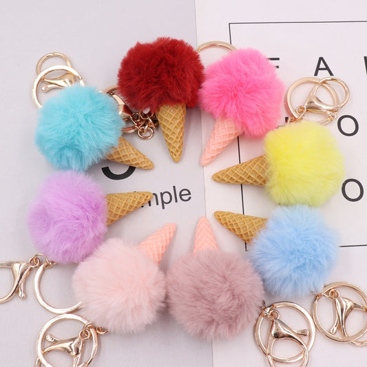 11 Styles Ice Cream Keychain Soft Artificial Rex Rabbit Hair Ball Keyring Pom