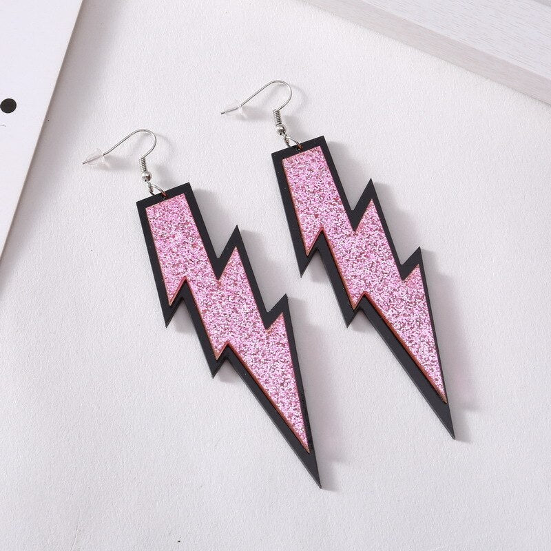 Baby Pink Glitter Lightning Acrylic Drop Earrings Women Girl Fashion Trendy