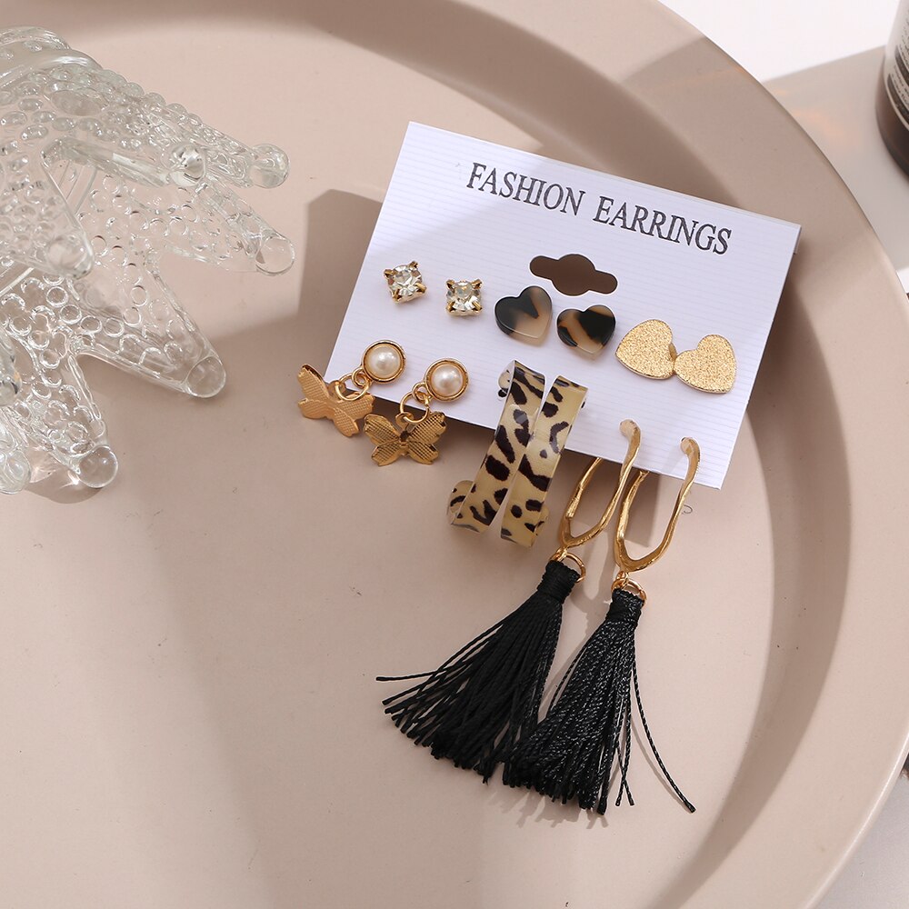 6pairs Mini Heart Studs Tassel Drop Earrings Fashion Women Summer Party Jewelry