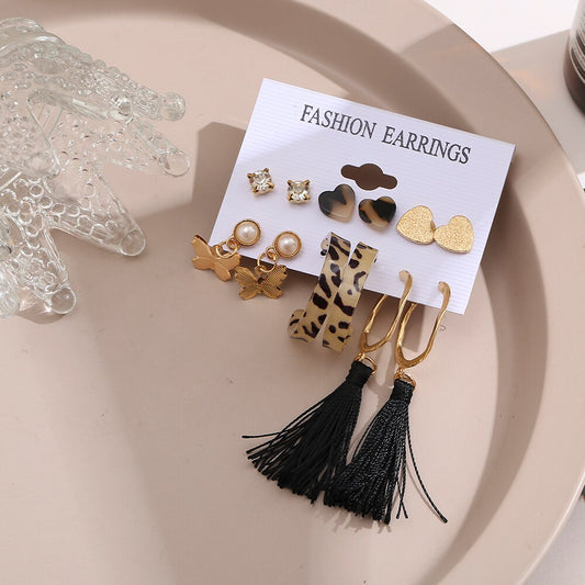 6pairs Mini Heart Studs Tassel Drop Earrings Fashion Women Summer Party Jewelry