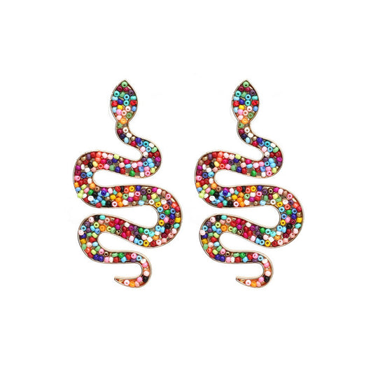 Bead Decor Snake Design Stud Earrings for Women Girls Ear Studs Jewelry Gift