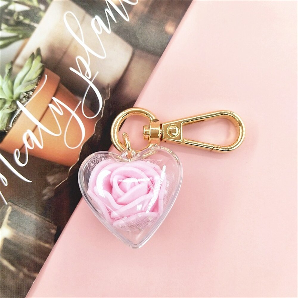 7 Colors Romantic Rose Flower Keychains Charms Transparent Eternal Flower Key