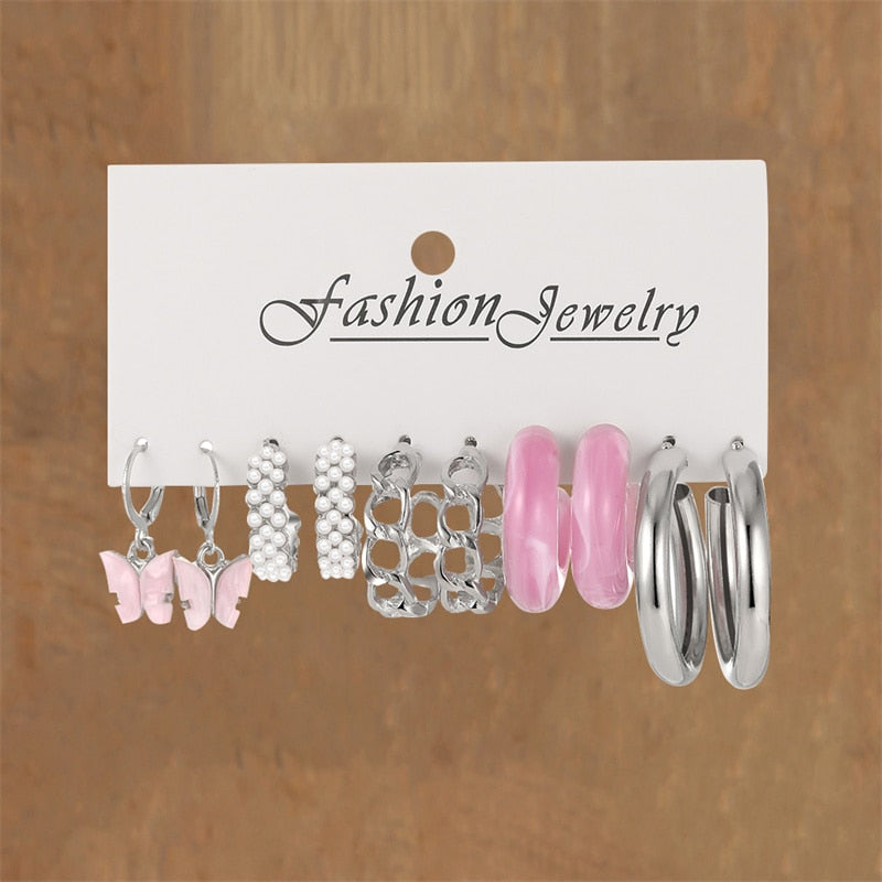 5 Pairs Pink Tone Hoop Dangle Earrings Women Charms Earring Fashion Creative