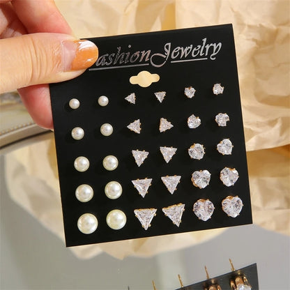 15 Pairs Pearl Triangle Heart Stud Earrings Women Gifts Earring Cute Girls