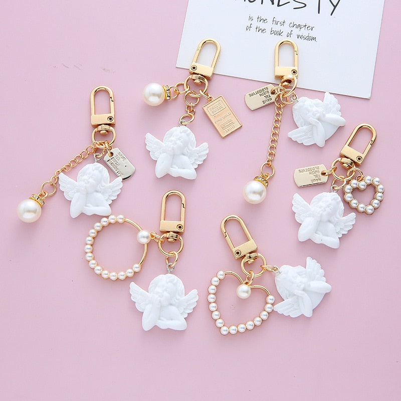 6 Styles Retro White Angel Keychain Charms Earphone Case Key Holder Girl Cute