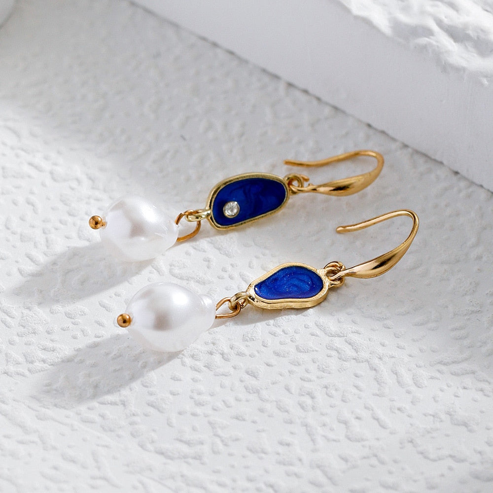 Blue White Baroque Pearl Dangle Earrings Charms Jewelry Fashion Creative