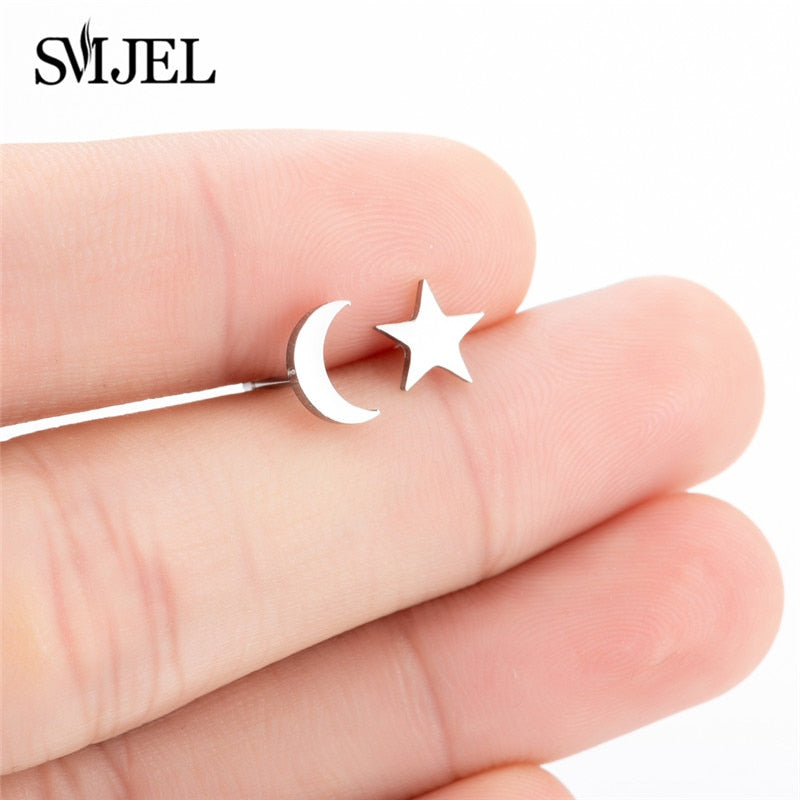 Silver-colored Star Moon Stainless Steel Earrings Women Jewelry Small Studs