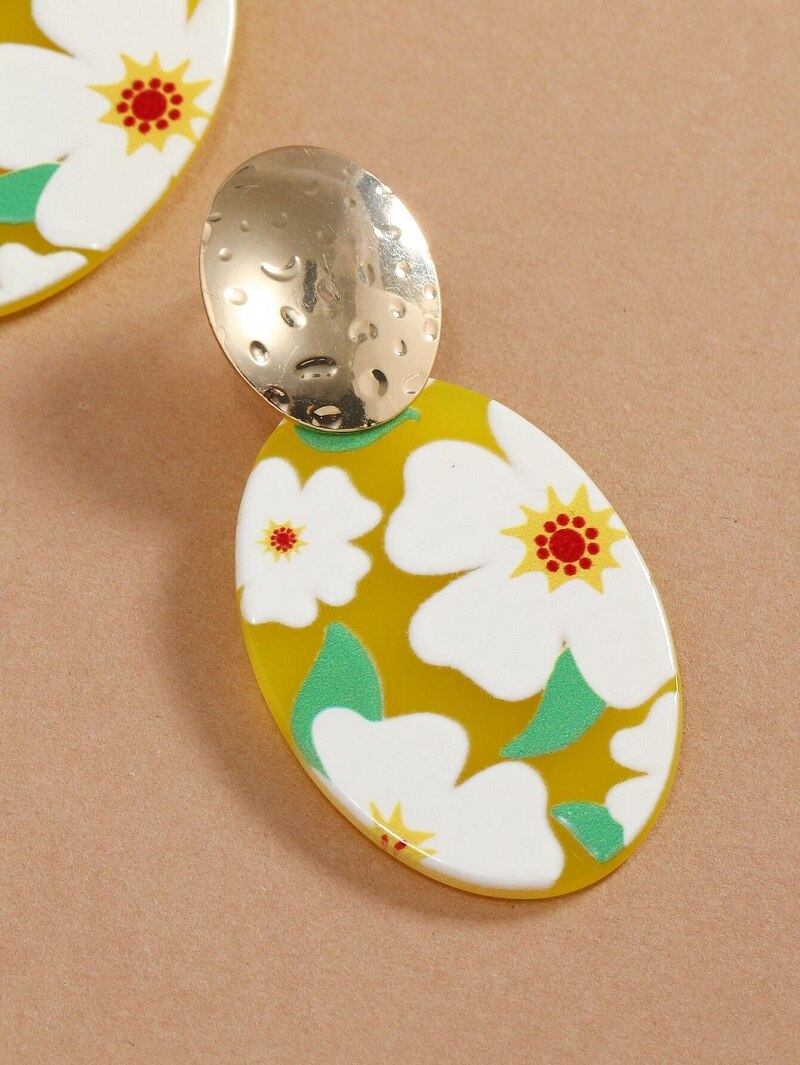 Floral Pattern Oval Lady Cute Dangle Earrings for Women Jewelry Girls Earrings