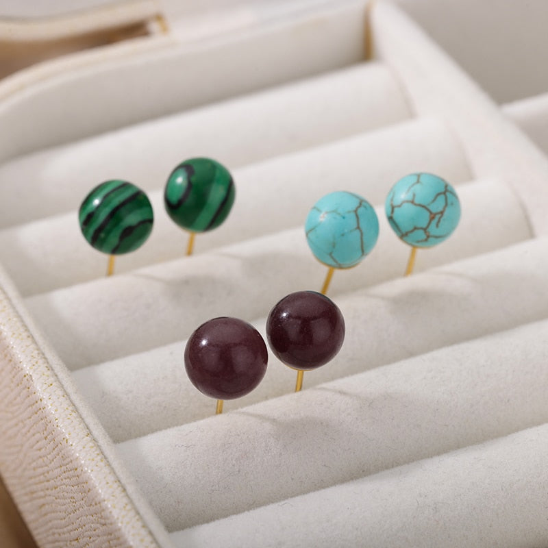 Bohemian Handmade Natural Green Stone Beads Stud Earrings Women Travel Fashion