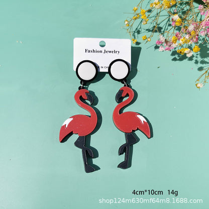 Red Flamingo Acrylic Drop Earrings Women Travel Fashion Cartoon Earrings