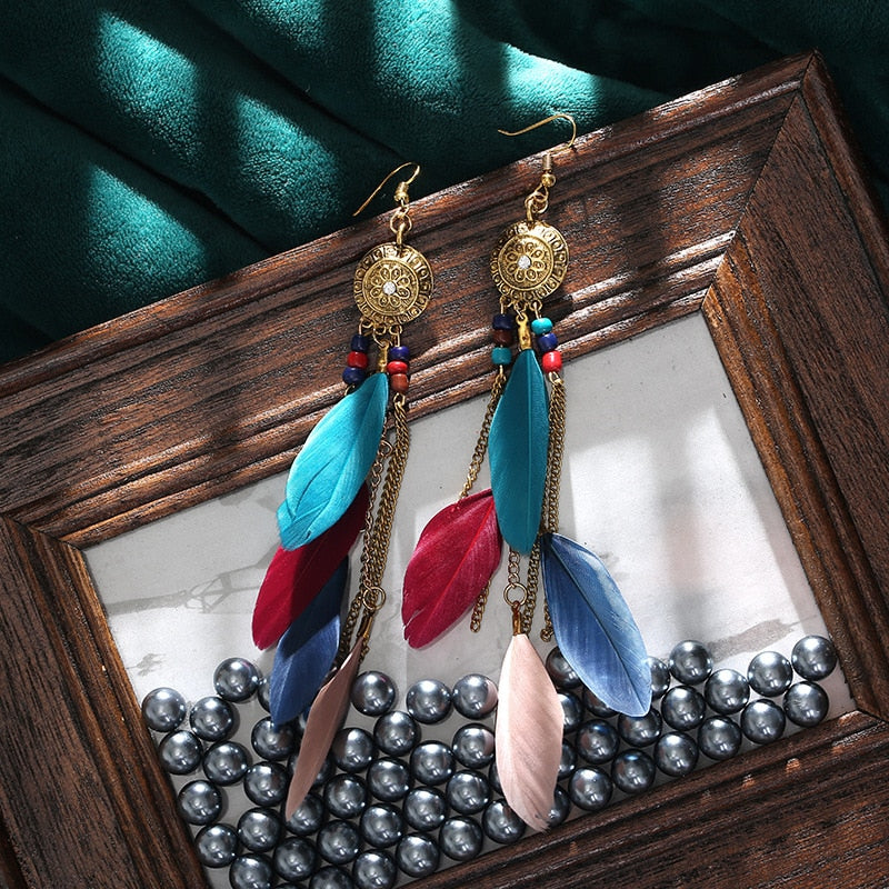 54 Styles Bohemian Long Feathers Tassel Dangle Earrings for Fashion Stylish