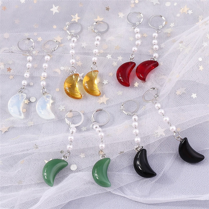 Black Stone Moon Shaped Drop Dangle Earrings Trendy Women Fashion Earrings