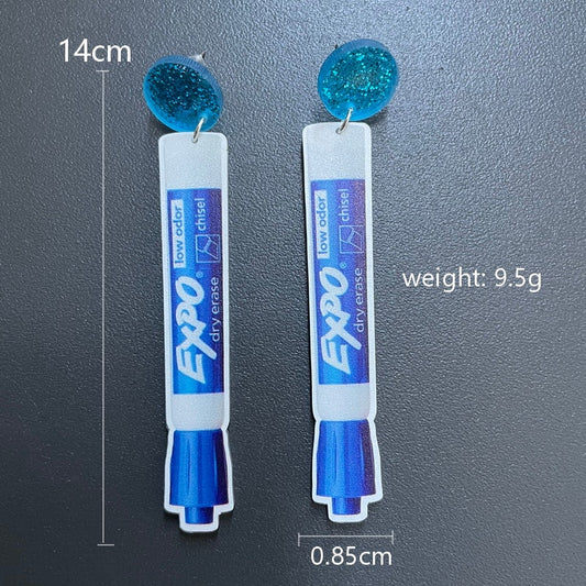 Blue Whiteboard Marker Pen Dangle Earrings Women Girl Fashion Trendy Jewelry