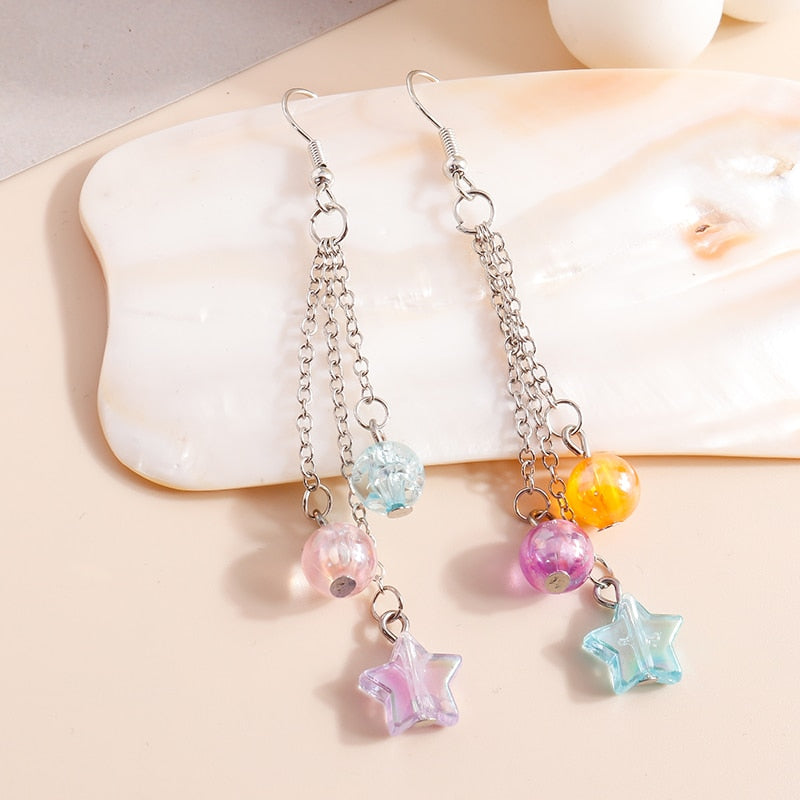Mixed Color Star Beads Drop Dangle Earrings Trendy Women Fashion Earrings