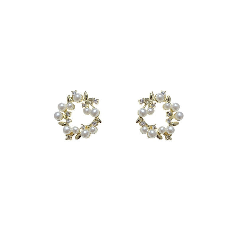 Imitation Pearl Wreath Studs Earring Cute Geometric Zircon Earrings Female