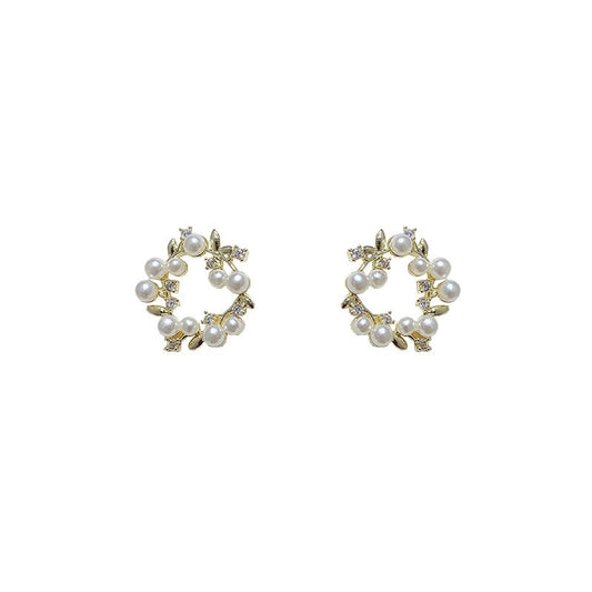 Imitation Pearl Wreath Studs Earring Cute Geometric Zircon Earrings Female