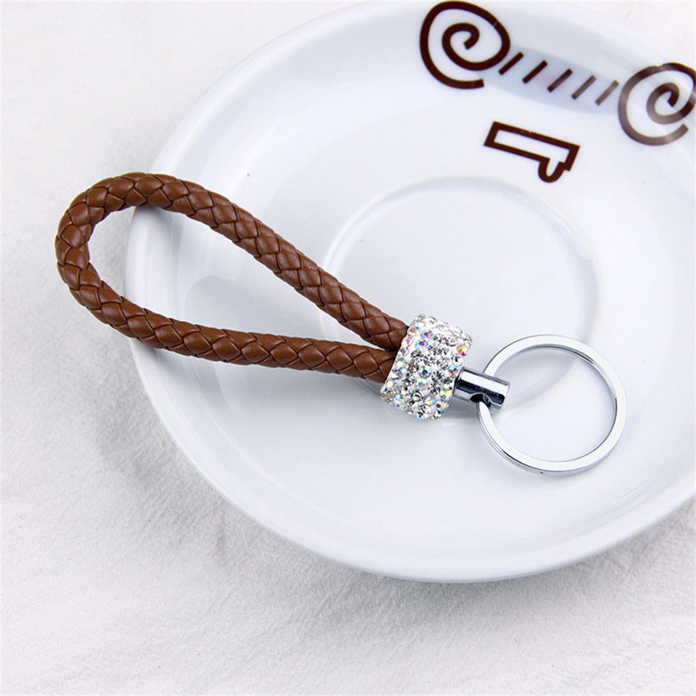 14 Styles PU Leather Braided Rope Keychain Glitter Rhinestones Key Ring For