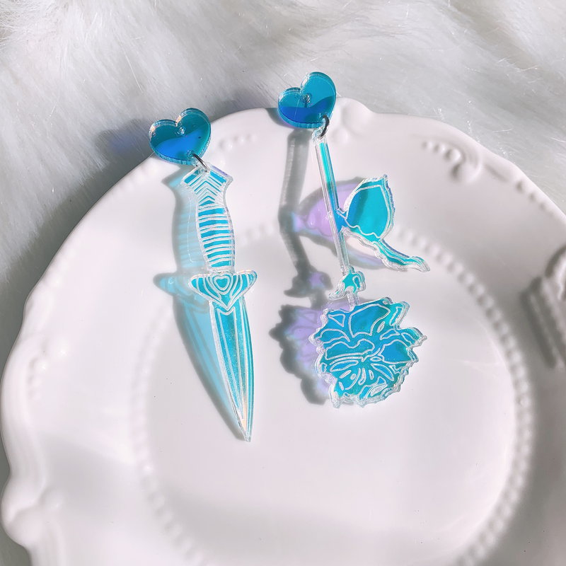 Blue Knife Rose Drop Earrings Female Travel Cartoon Earrings Creative Art