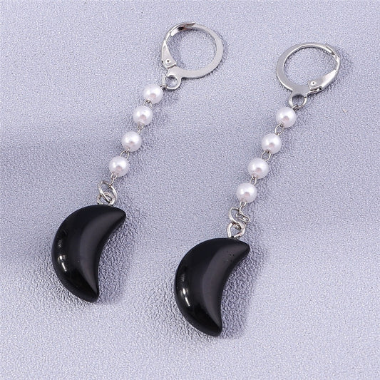 Black Stone Moon Shaped Drop Dangle Earrings Trendy Women Fashion Earrings