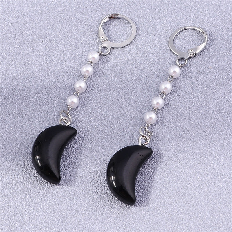 Black Stone Moon Shaped Drop Dangle Earrings Trendy Women Fashion Earrings