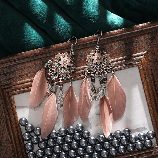 Light Brown Boho Ethnic Feather Dangle Earrings Fashion Party Girls Pendant