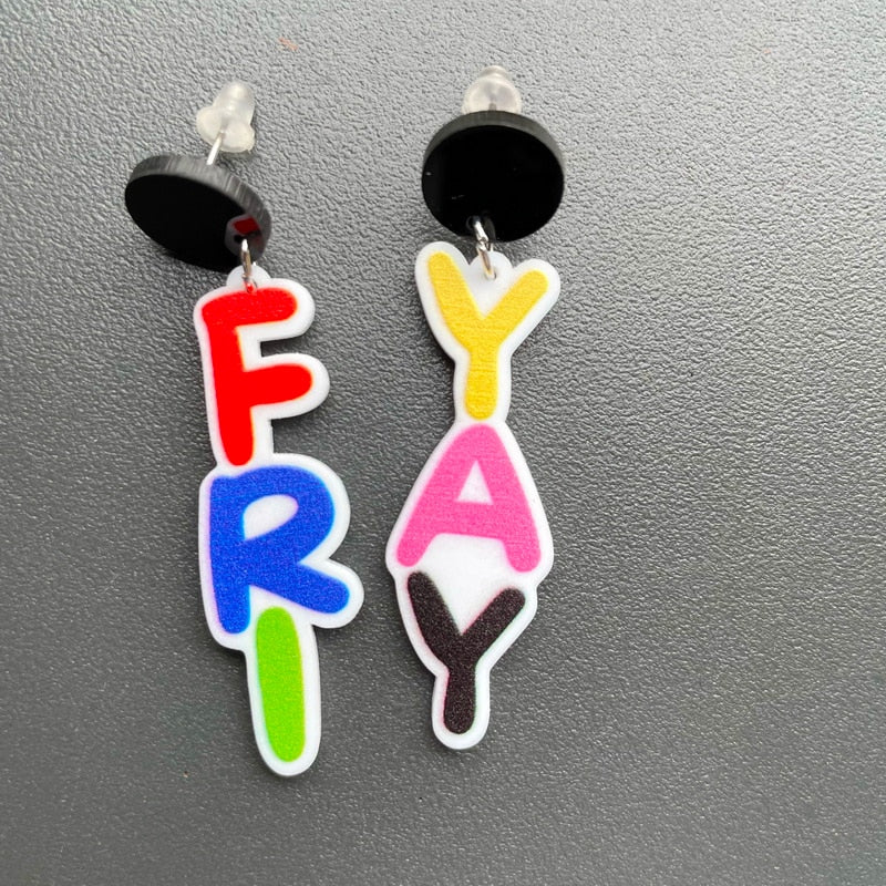 Acrylic Colorful Fri-yay Friday Drop Charm Earrings For Women Girl Fashion