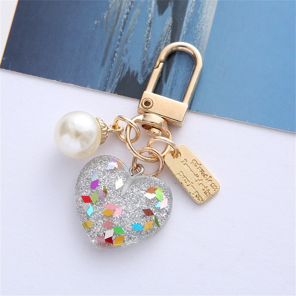 5 Styles Cute Resin Heart Key Chain Colorful Sequins Filled Keychain with Pearl