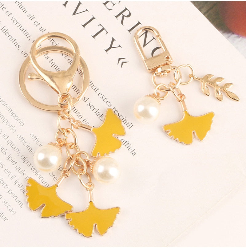 1pcs Pearl Leaf Alloy Keychain For Women Car Key Holder Apricot Leaf Pendant