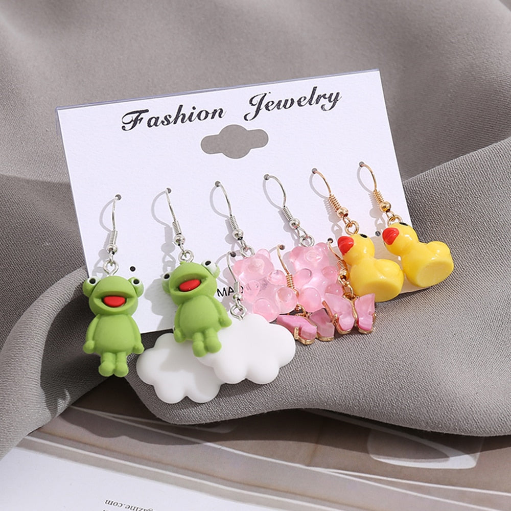 5 Pairs Cartoon Cute Animal Drop Earrings Fashion Women Summer Party Jewelry