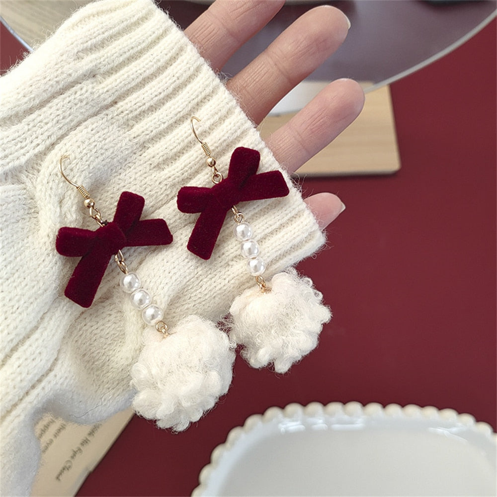 Fluffy Ball Bow Design Drop Charm Earrings For Women Girl Fashion Modern Jewelry