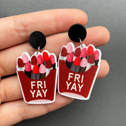 Acrylic Lipstick Fri-yay Friday Drop Charm Earrings For Women Girl Fashion