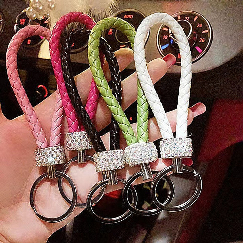 14 Styles PU Leather Braided Rope Keychain Glitter Rhinestones Key Ring For