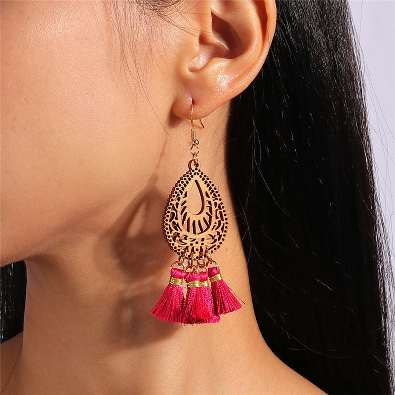 Wooden Red Tassels Dangle Drop Earrings Women Charms Earring Fashion Creative