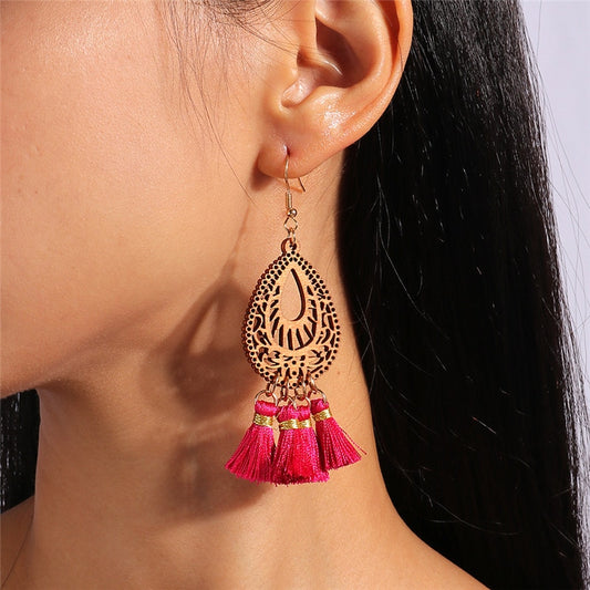 Wooden Red Tassels Dangle Drop Earrings Women Charms Earring Fashion Creative