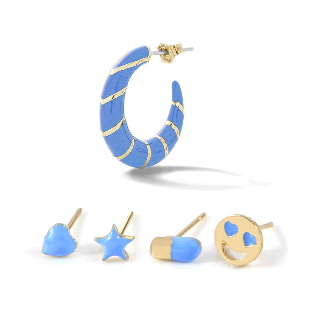 Blue 5Pcs Set Vintage Hanging Stud Hoop Earrings Hip Hop Women Party Gift