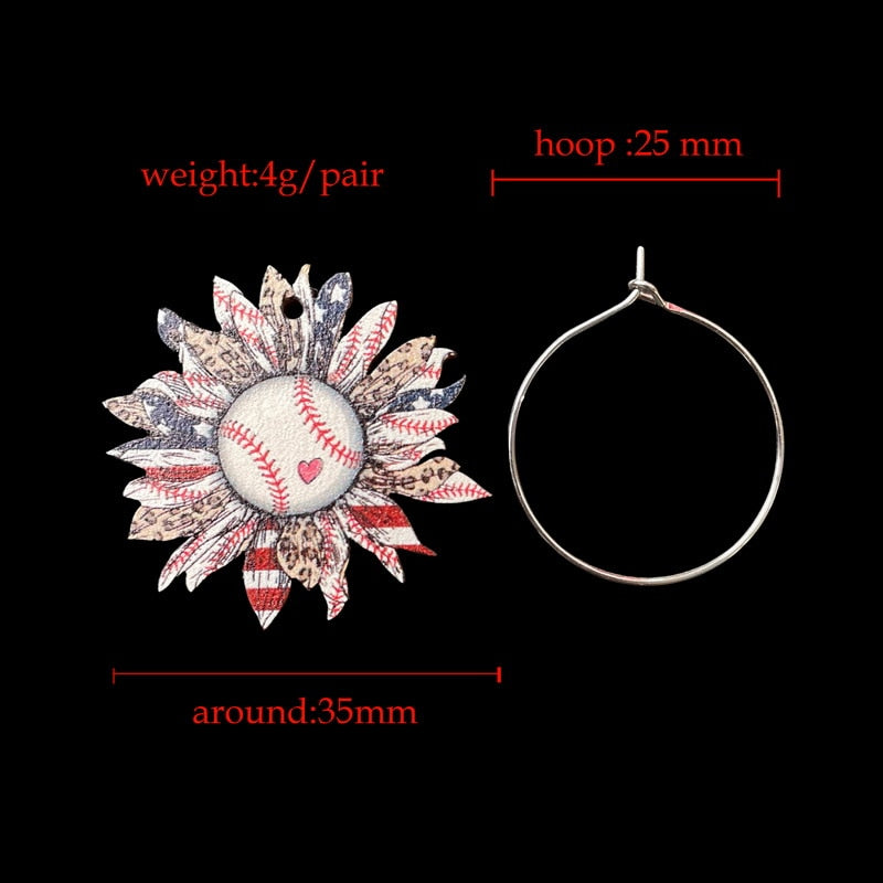 Wooden Baseball Patriotic Flower Dangle Earrings for Girls Women Birthday Gift