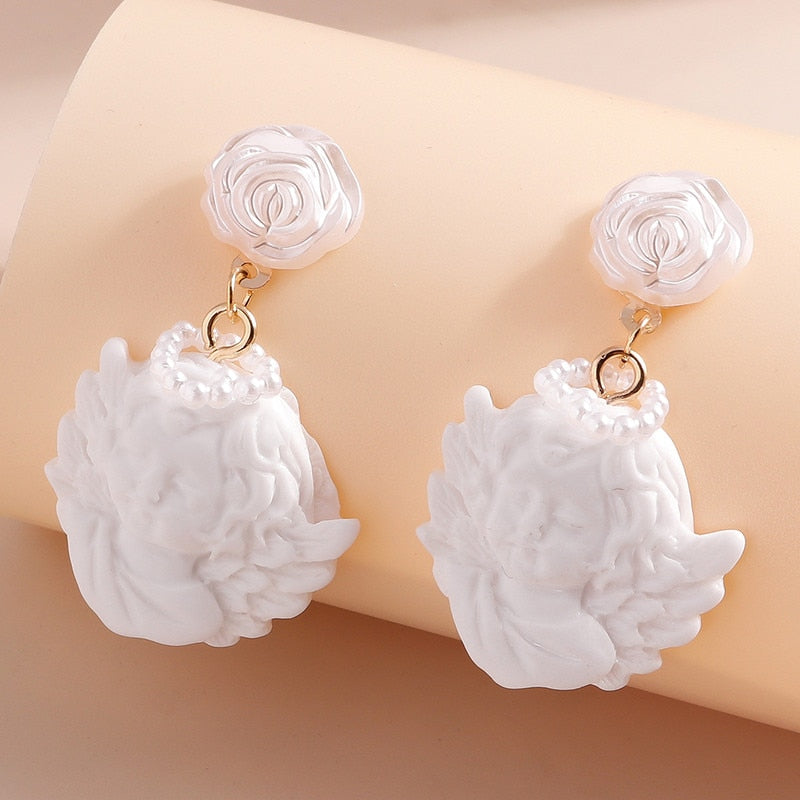 White Angel Figure Rose Drop Earrings Women Creativity Jewelry Cute Earring