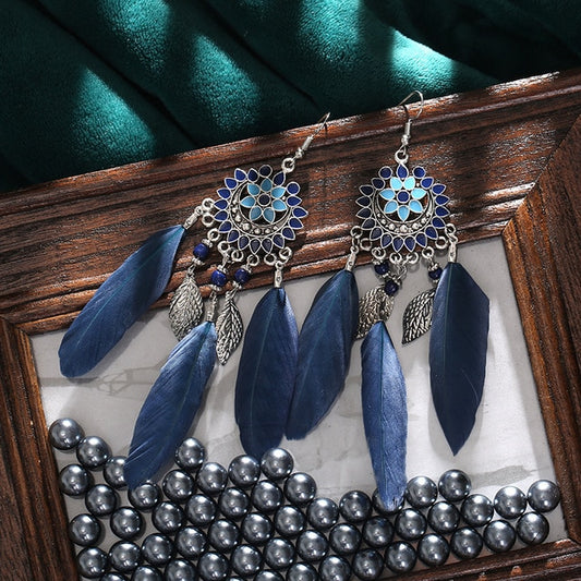 Navy Blue Flower Boho Ethnic Feather Dangle Earrings Fashion Party Girls Pendant