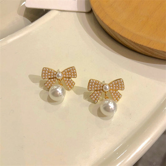 Cute Bow Faux Pearl Stud Earrings Ladies Wedding Party Earring Birthday Jewelry