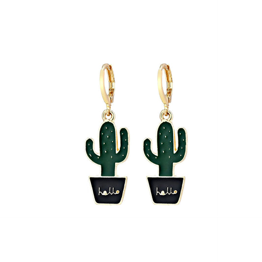 Retro Drip Oil Dark Cactus Pendant Drop Earrings Hip Hop Women Party Gift