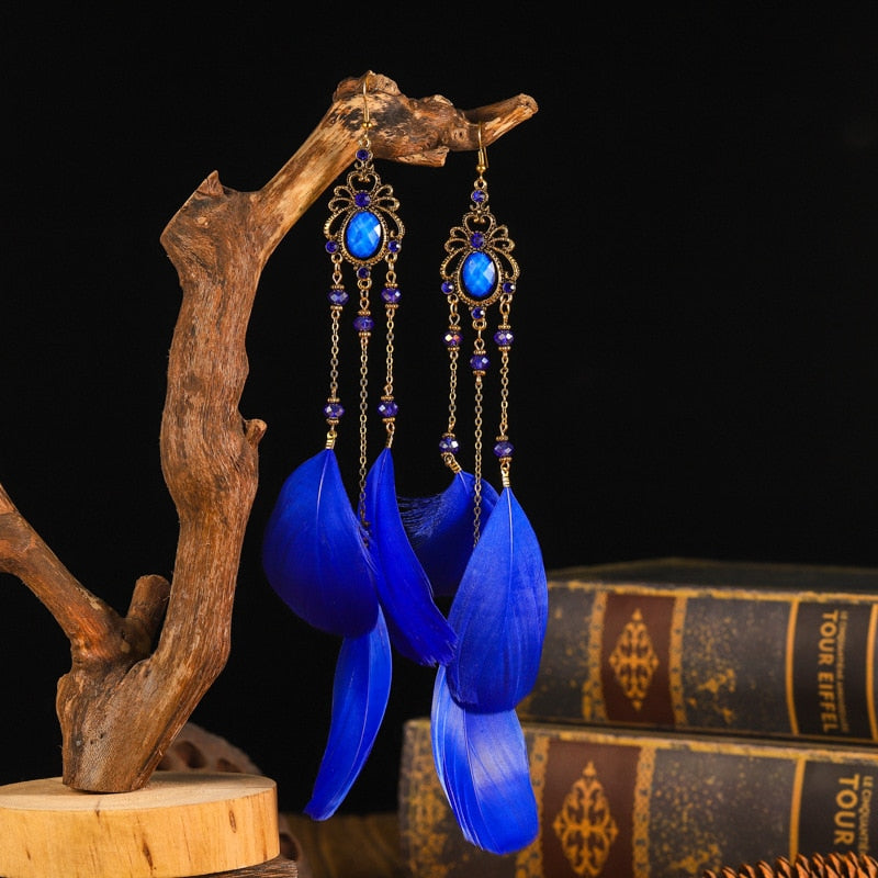 Royal Blue Boho Ethnic Feather Dangle Earrings Fashion Party Girls Pendant