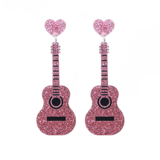 Pink Glitter Guitar Drop Earrings Women Creativity Jewelry Cute Earring Girls