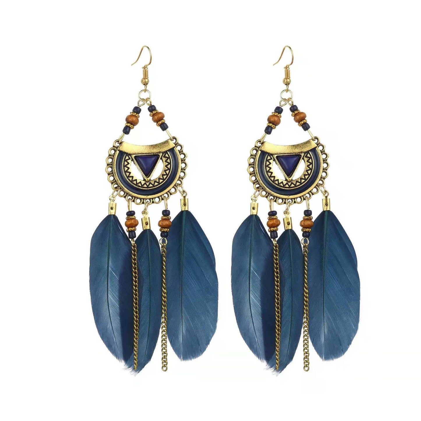 Navy Blue Boho Ethnic Feather Dangle Earrings Fashion Party Girls Pendant