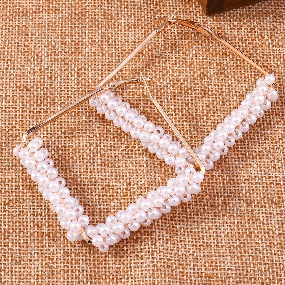 Square Half Faux Pearl Hoop Earrings For Women Girl Fashion Modern Jewelry Gift